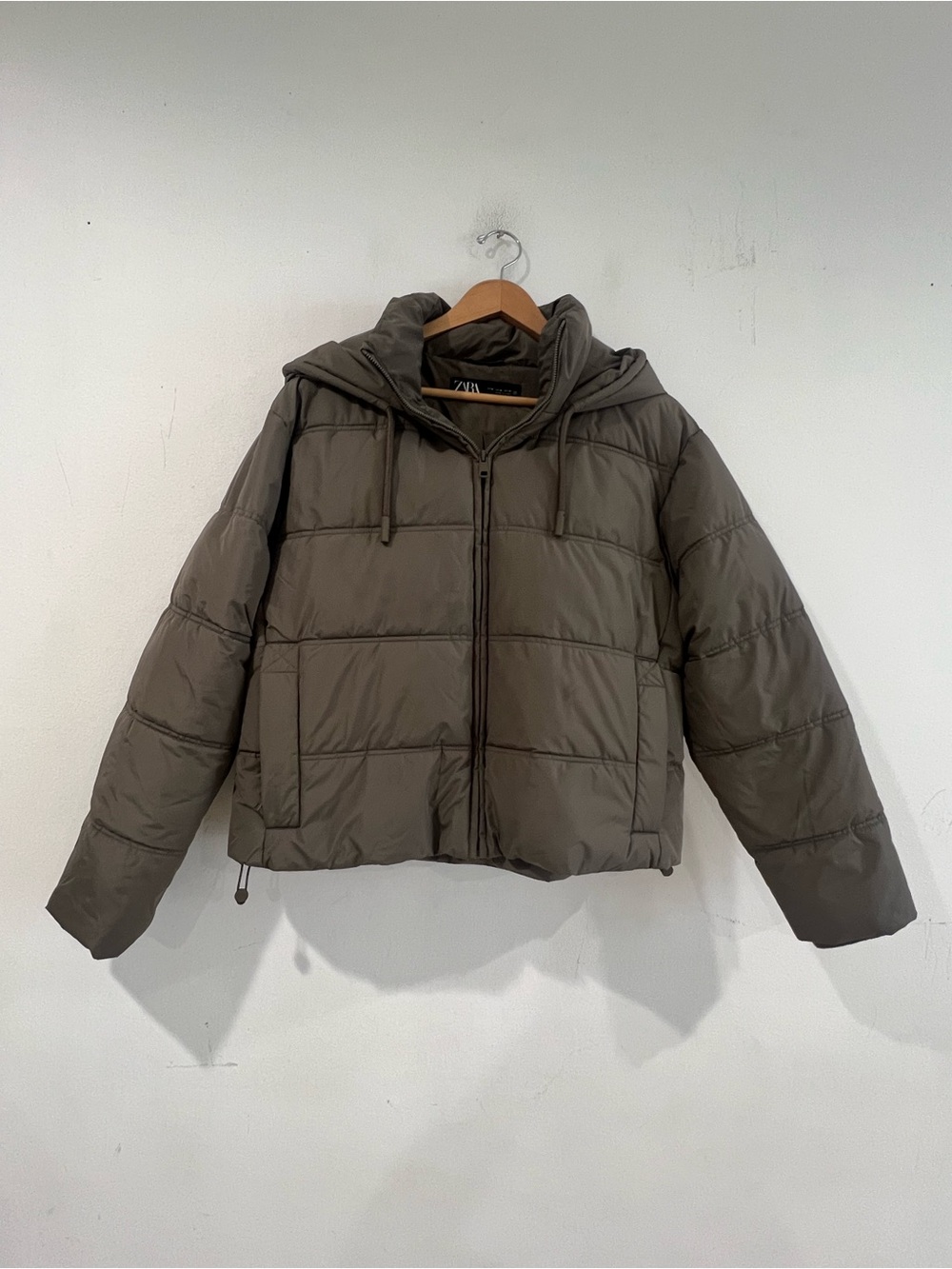 Zara Olive Green Puffer Jacket with Hood M